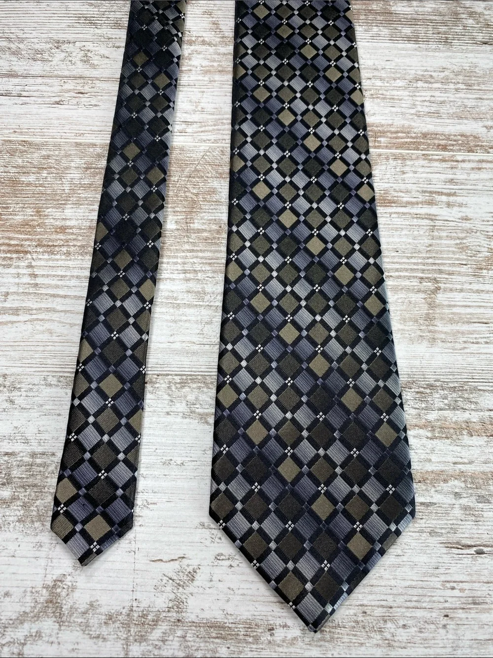 Statements 100% Silk Tie Gray Black Tan Plaid Check Necktie Mens 58”